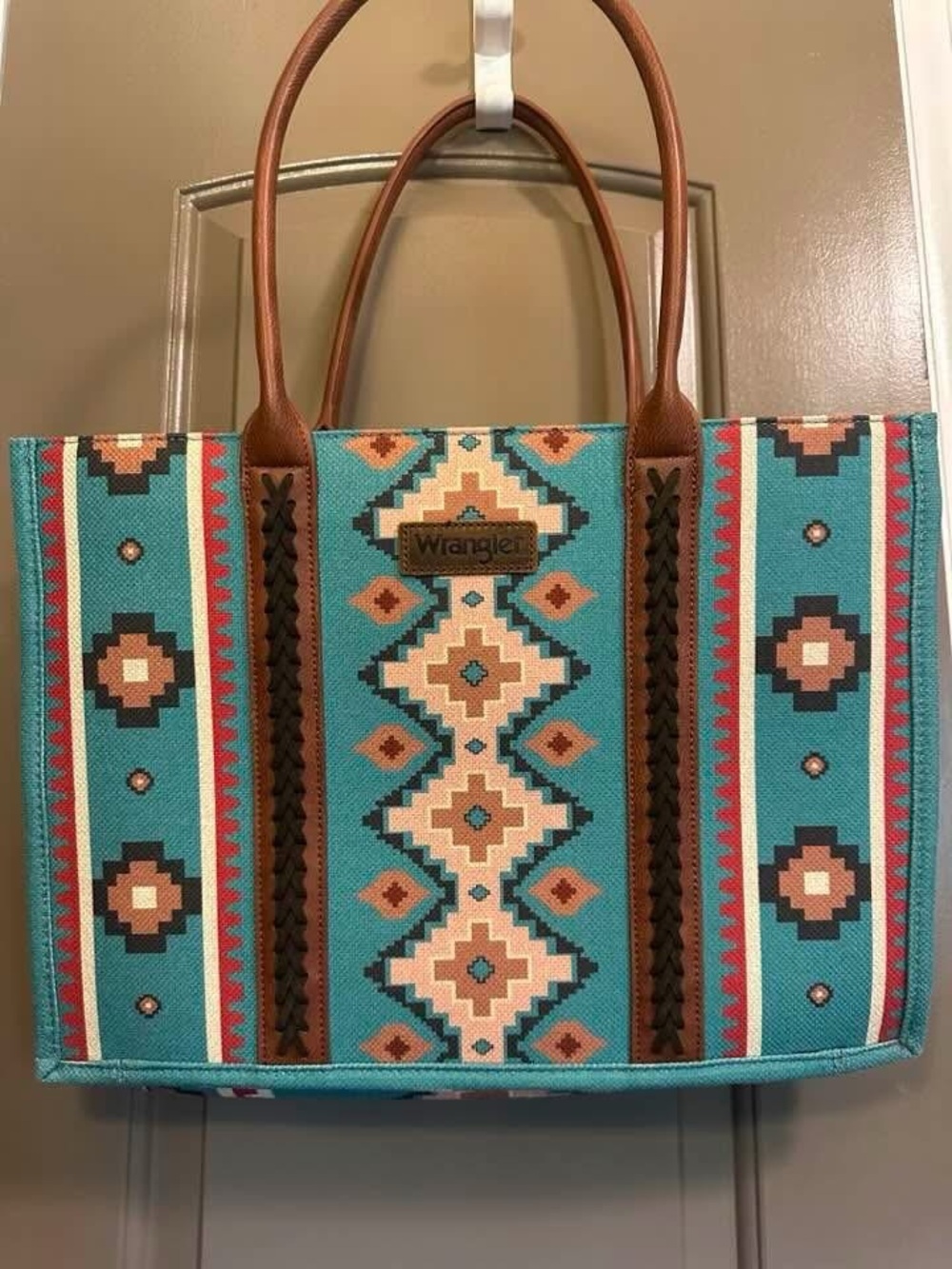 Wrangler Turquoise Aztec Tote with Brown Trim and Multicolor Accents
